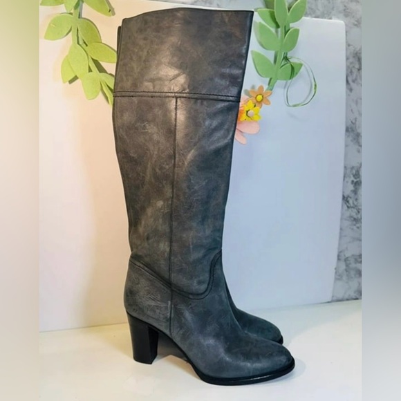 J. Crew Nottingham Tall Boots Gray/blue Leather Block Heel Size 6.5 ~16950 - Picture 3 of 5